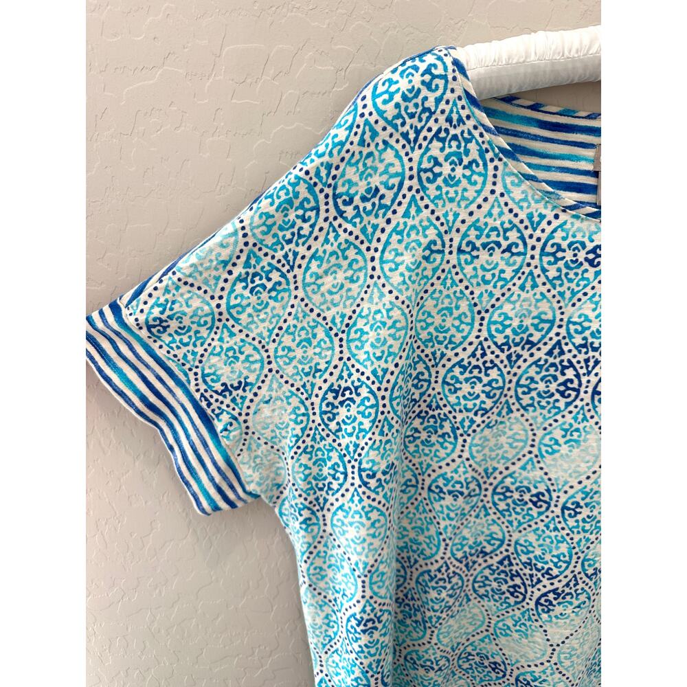 CHICO’S | Blue Teal Medallion Stripe Print Dolman Sleeve Tshirt Top | Size 3 XL - Picture 3 of 7